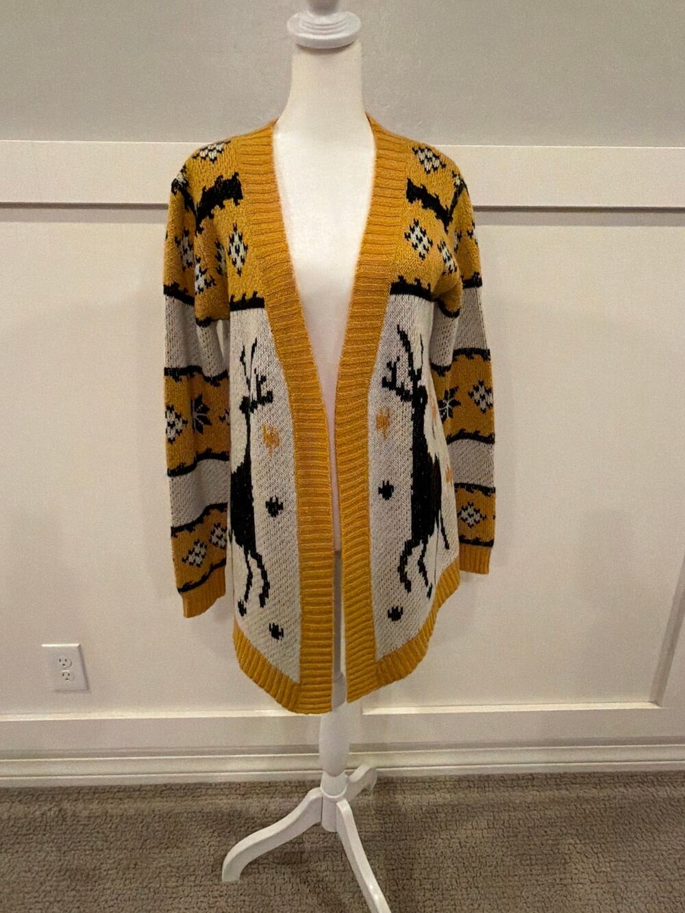 Urban Day Women Reindeer Cardigan Sweater Mustard Fair Isle Open Front Long